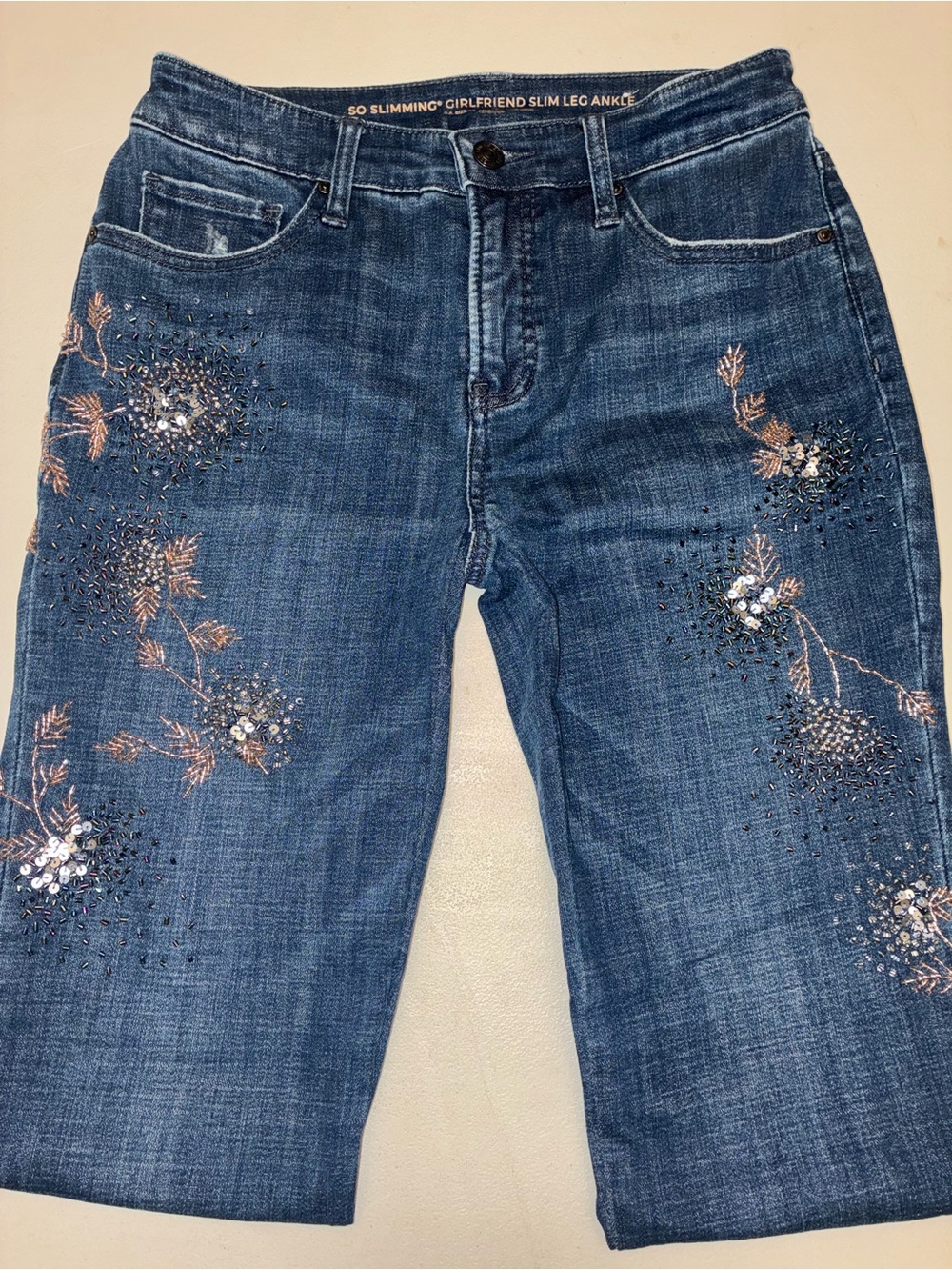 Chico's Blue Embellished Cropped Jeans with Floral Sequin Detail